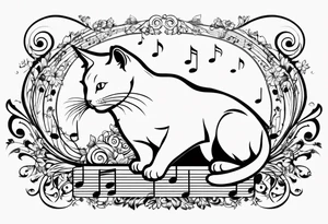 Small Outline of cat reaching to a music note tattoo idea
