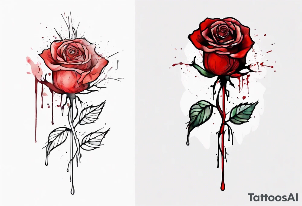rose flower, one line, red blood dripping from the flower, tall, watercolor, with Christian aspects tattoo idea