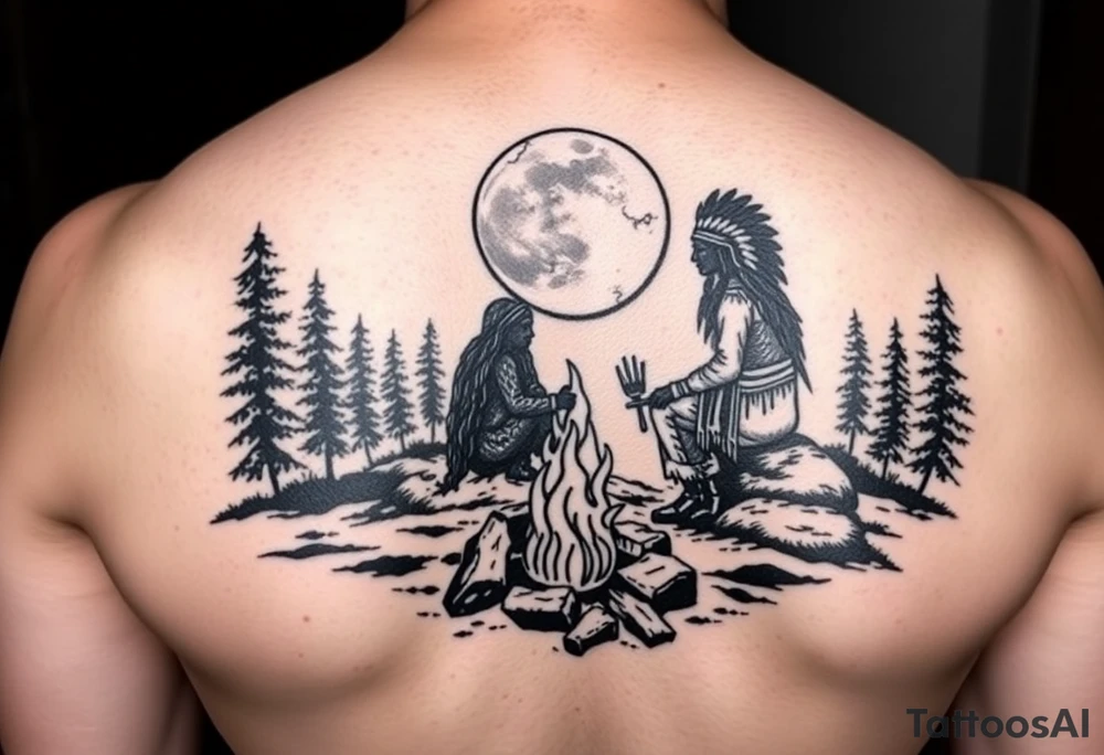 Native americans by campfire silhouette in moonlight in nature tattoo idea