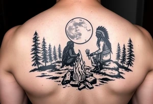 Native americans by campfire silhouette in moonlight in nature tattoo idea