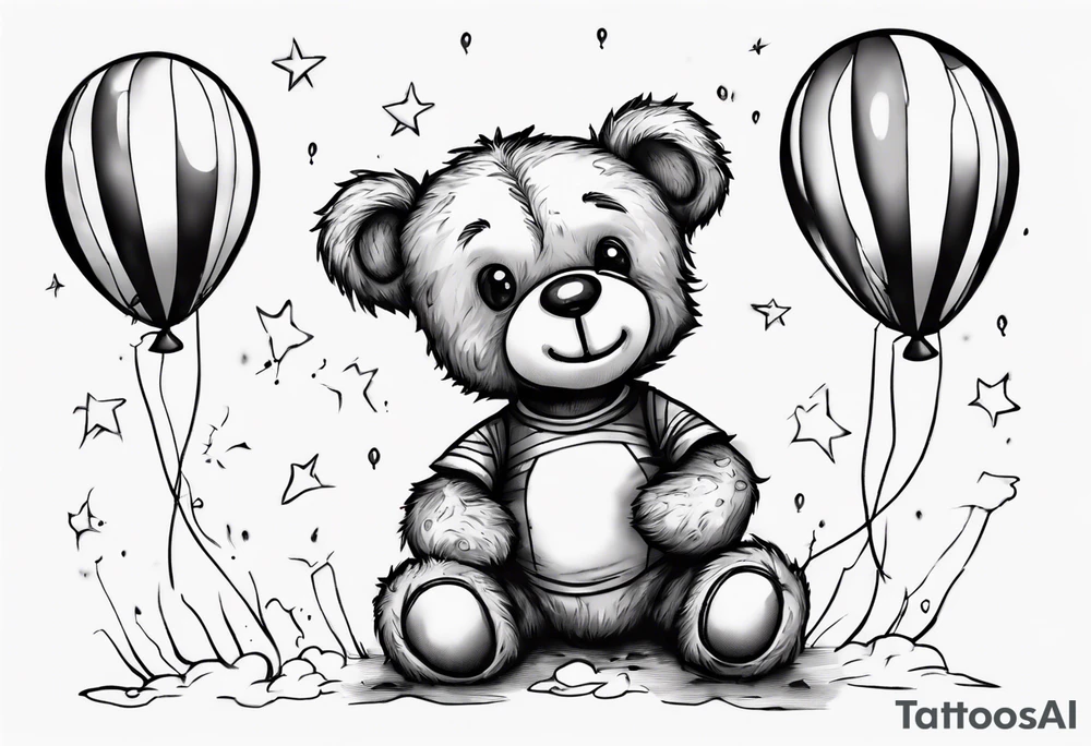 Scruffy teddy bear holding on to balloons and wearing a T-shirt going up to the sky tattoo idea