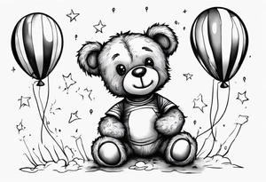Scruffy teddy bear holding on to balloons and wearing a T-shirt going up to the sky tattoo idea