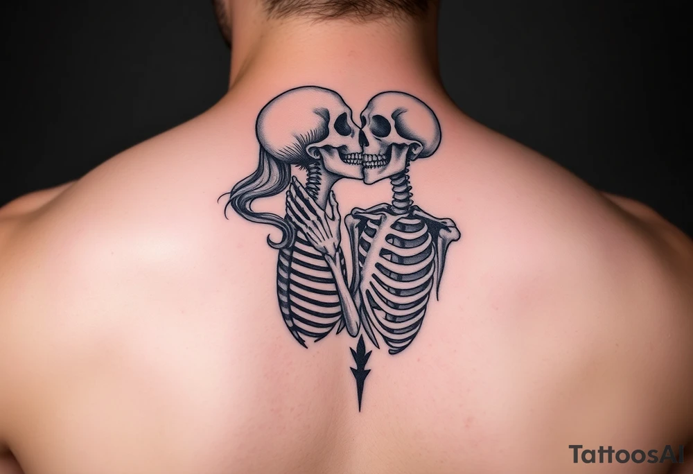 A lady passionately kissing a skeleton tattoo idea