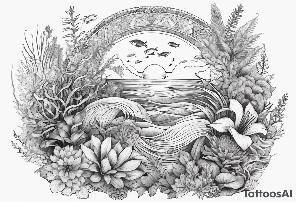 ocean arm tattoo with plants and sea life tattoo idea