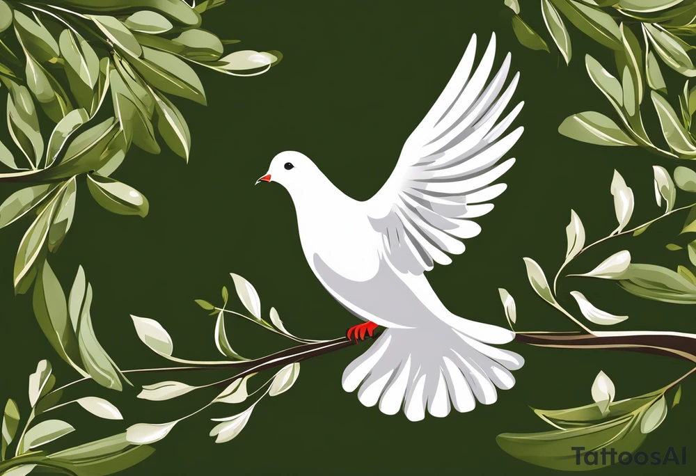 Dove soring through the air clasping an olive branch in its talons. The olive branch is fluttering in the wind with leaves from the branch floating behind the dove. The leaves transform into spear heads the further away from the dove they get. The words 'Si vis Pacem, para bellum' is boldly transcribed underneath the scene tattoo idea