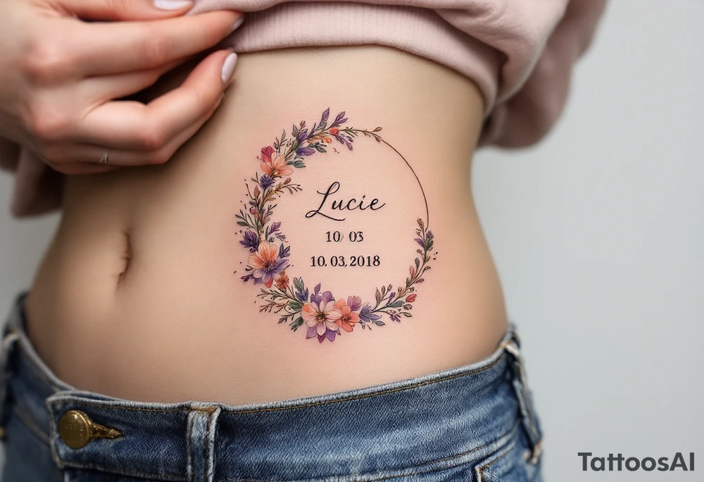 Lucie 10. 03. 2018) – A rosy peach and deep purple floral wreath, wrapping around Lucie's birthdate, with gold filigree detailing. tattoo idea