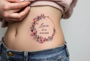 Lucie 10. 03. 2018) – A rosy peach and deep purple floral wreath, wrapping around Lucie's birthdate, with gold filigree detailing. tattoo idea