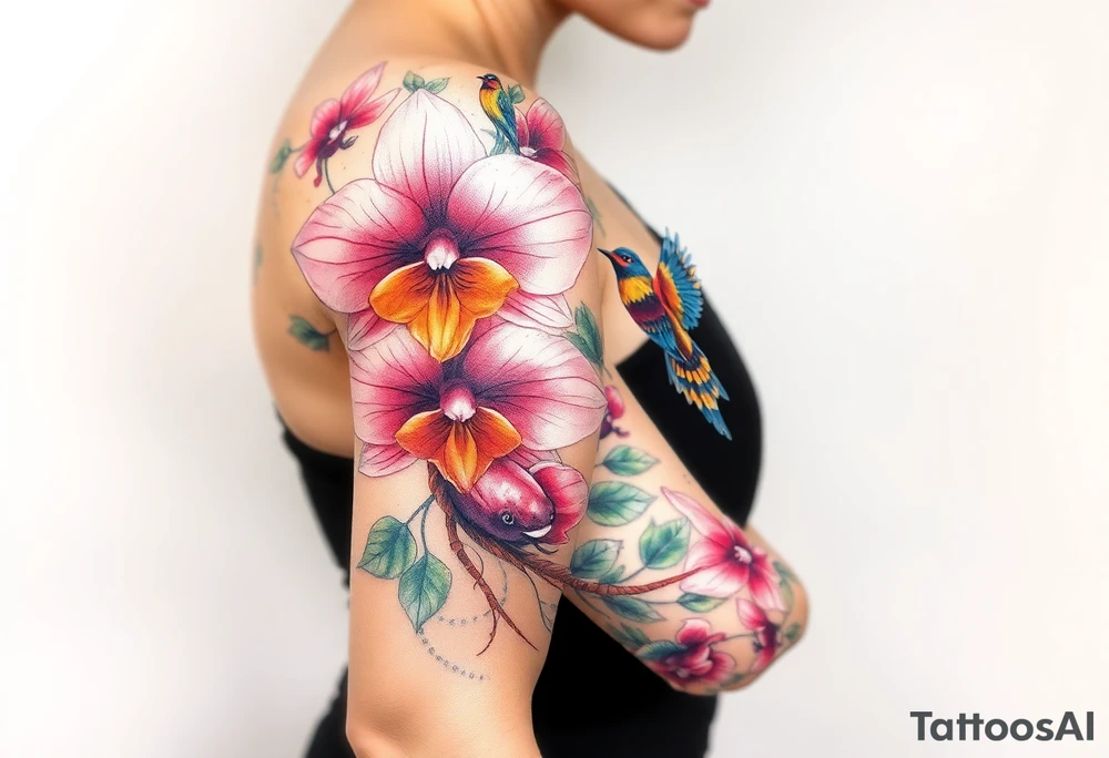 orchid flower ,  Coi fish and colorful birds tattoo idea