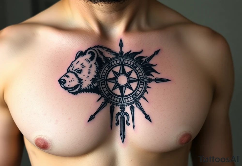 powerful bear with roman deisgn spears and a sun dial tattoo idea