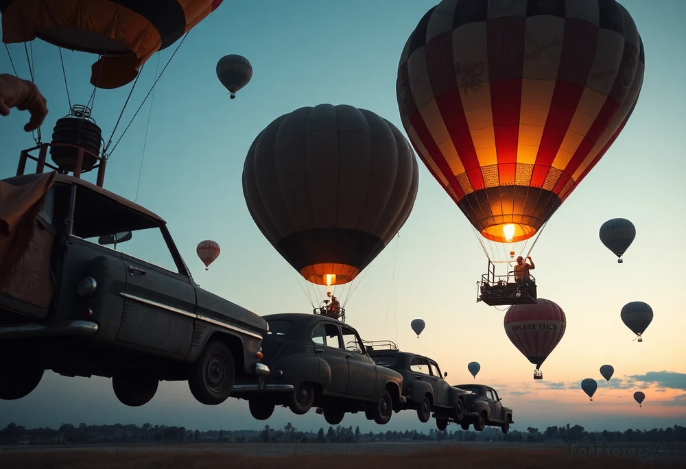 in a very steam punk vibe i want you to make a picture of a bunch of old beat up cars with people lounging in them and garbage and junk all up in and on them, tied to hot air balloons floating in the sky right about dusk and they are as far as the eye can see i want the cars to be floating as if they were the basket to the hot air balloons and the hot air balloons are all different colors and patterns and some are old and patched and i dont want to see the ground at all  i want this to be a scene that is up in the sky with them all floating under the balloons like it is in a dream and every single balloon in the picture is attached to a different old car, and some of the cars you can see people kicked back with thier feet out the window and stuff on the dash of the car, and some with people hanging an arm out hte window some have cigarrette smoke coming out the window, and the balloons all are different but every single car is floating high in the sky and i dont want there to be too many balloons and cars, just a few close together, and the rest ll are smaller and off in the distance tattoo idea
