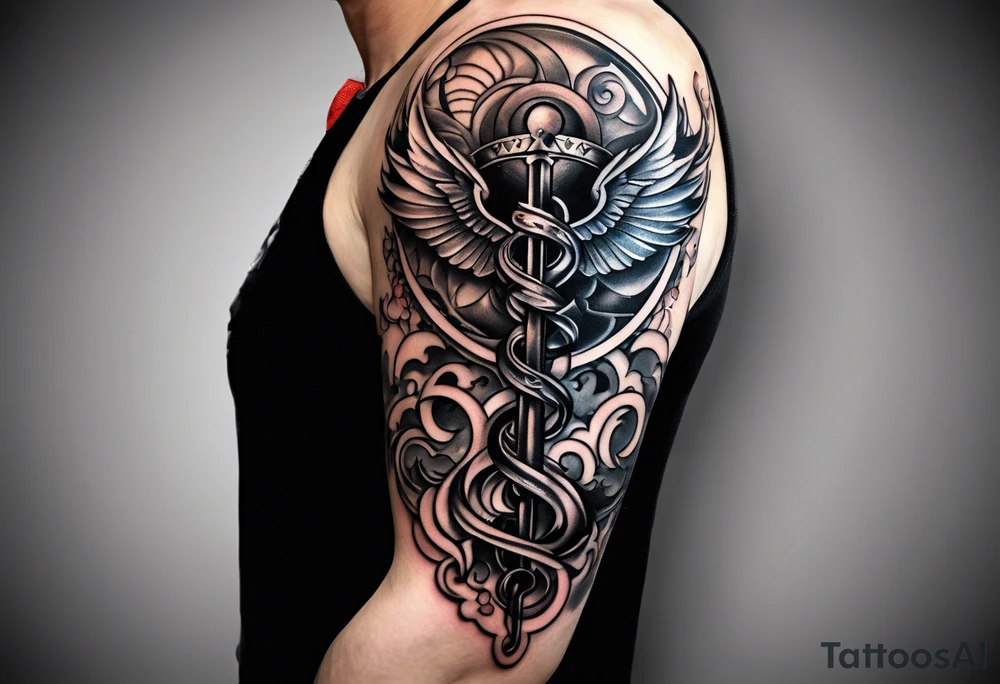 Tattoo full left arm with a collage of  a medicine caduceus and a mickey mouse silhouette tattoo idea