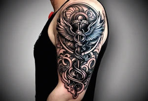 Tattoo full left arm with a collage of  a medicine caduceus and a mickey mouse silhouette tattoo idea