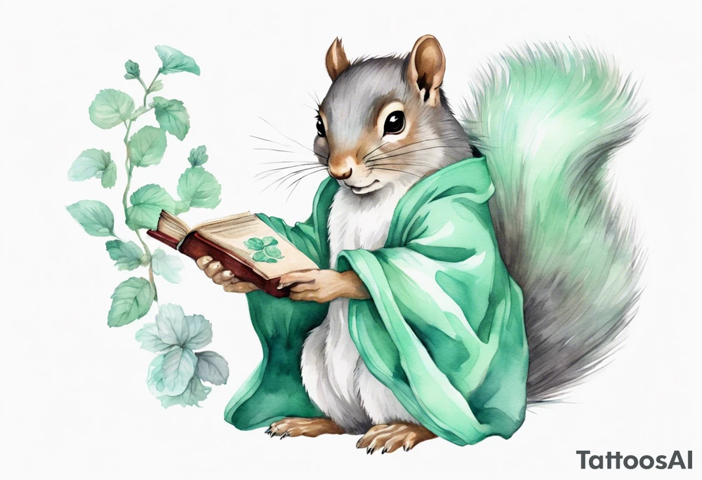 a grey squirrel with long feminine hair and a mint and grey robe, holding a magic book tattoo idea