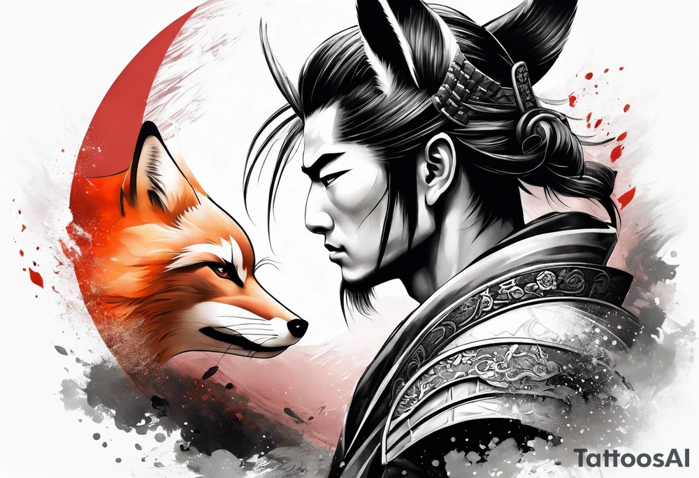 Samurai with fox mask full sleeve tattoo idea