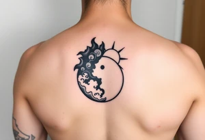 yin-yang one side storm one side sunshine meditative silhouette tattoo idea