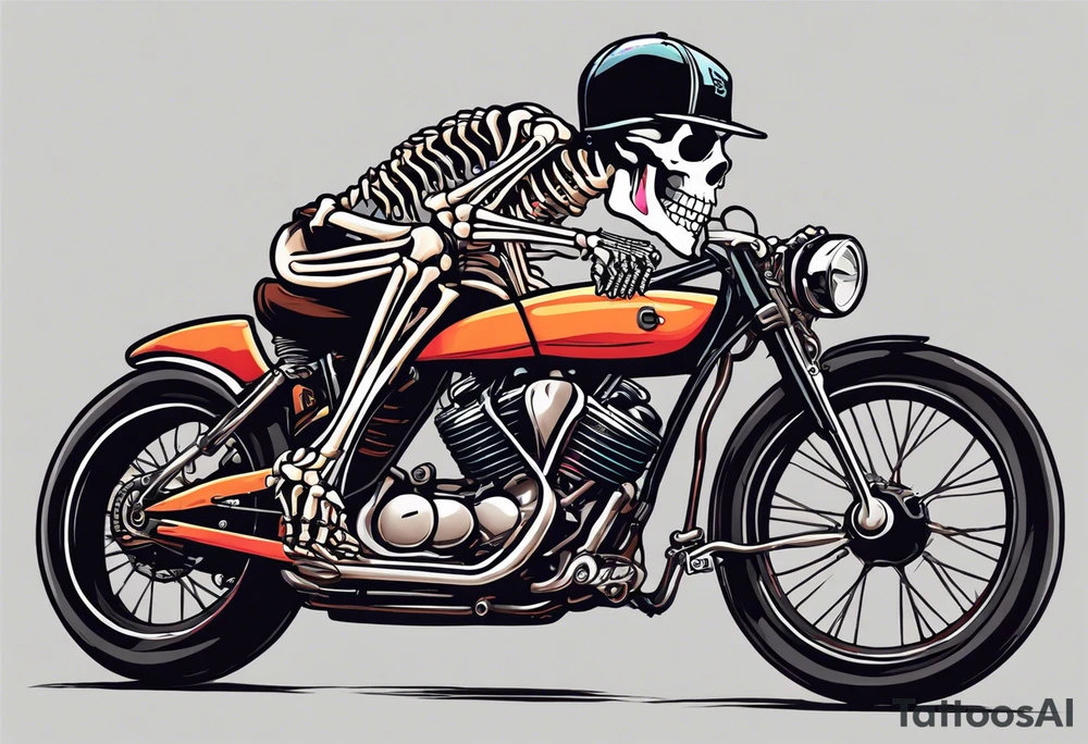 skeleton wearing 80s style licra and cap rides a road racing bicycle. The skeleton is grinning at the viewer. There is no background image tattoo idea