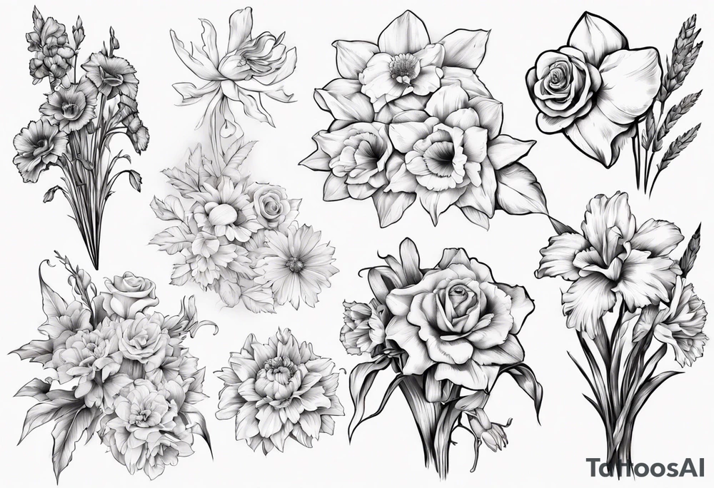 Flower bouquet with daffodil, rose, Larkspur, gladiolus, aster, marigold, chrysanthemum, narcissus tattoo idea