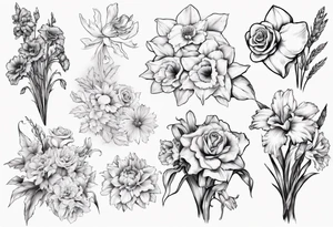 Flower bouquet with daffodil, rose, Larkspur, gladiolus, aster, marigold, chrysanthemum, narcissus tattoo idea