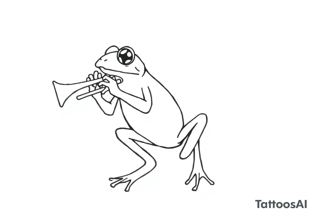 Draw a single continuous line drawing of a frog playing a trumpet, where the entire image is created using only one unbroken black line, with no lifting of the pen and no separate lines. The line must flow smoothly and clearly form the frog and trumpet in a Picasso-inspired, minimalist style. The frog should be easily recognizable, in a jazzy or playful pose, holding and playing the trumpet. No shading, no extra strokes, no background — just one elegant, fluid, uninterrupted line on a white canvas. tattoo idea