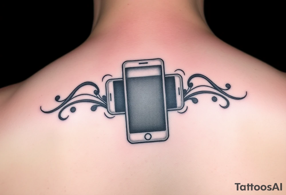 "Recursive iPhone tattoo: screen shows another screen with [•] at the end. Black ink, optical illusion style, 6cm width." tattoo idea