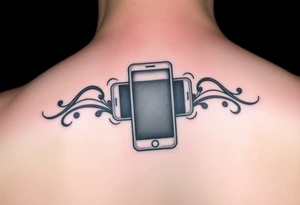 "Recursive iPhone tattoo: screen shows another screen with [•] at the end. Black ink, optical illusion style, 6cm width." tattoo idea