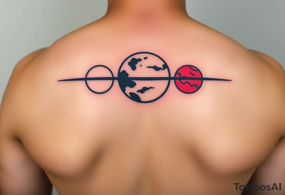 three horizontal planets. Color Black and red with more black tattoo idea