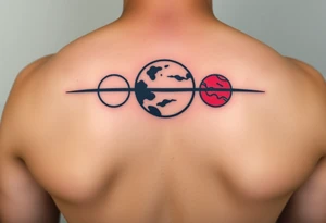 three horizontal planets. Color Black and red with more black tattoo idea