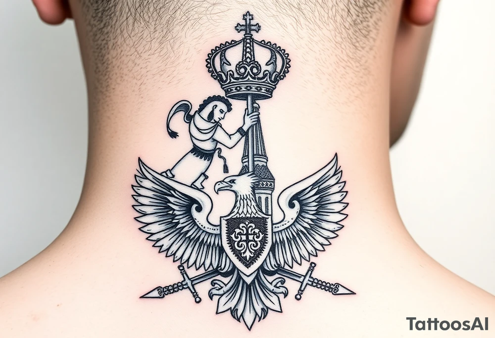 St. George slaying the dragon (hugely common in Russian Orthodox art)
Russian imperial crown above the eagle
Crossed swords or a Russian sabre
The Kremlin or St. Basil's Cathedral scene tattoo idea