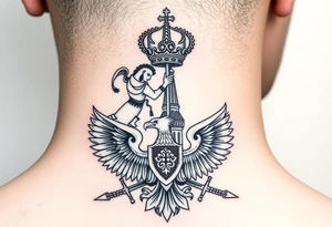 St. George slaying the dragon (hugely common in Russian Orthodox art)
Russian imperial crown above the eagle
Crossed swords or a Russian sabre
The Kremlin or St. Basil's Cathedral scene tattoo idea