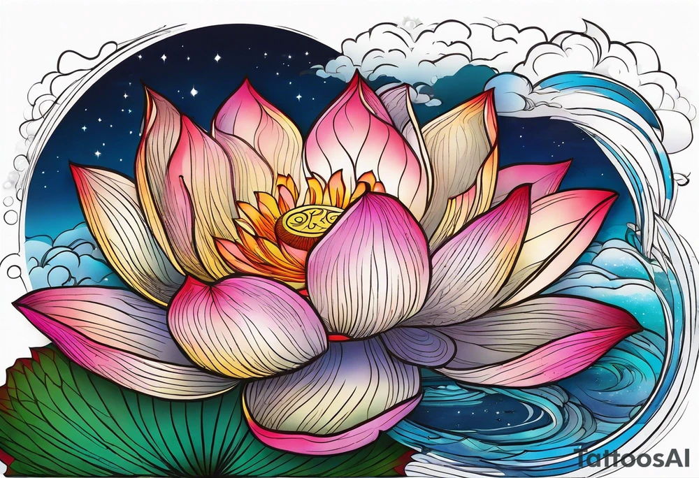 Vibrant colorful lotus flower on the pond with the night sky in the background tattoo idea