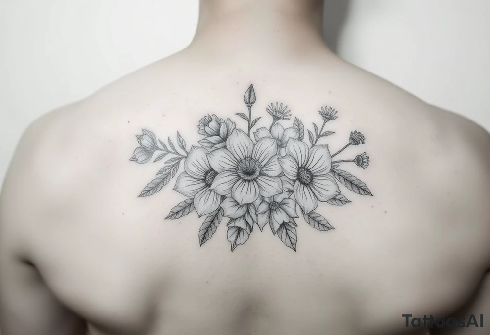 A bouquet of birth flowers for the months of January , February,  March, April,  May, June, August tattoo idea