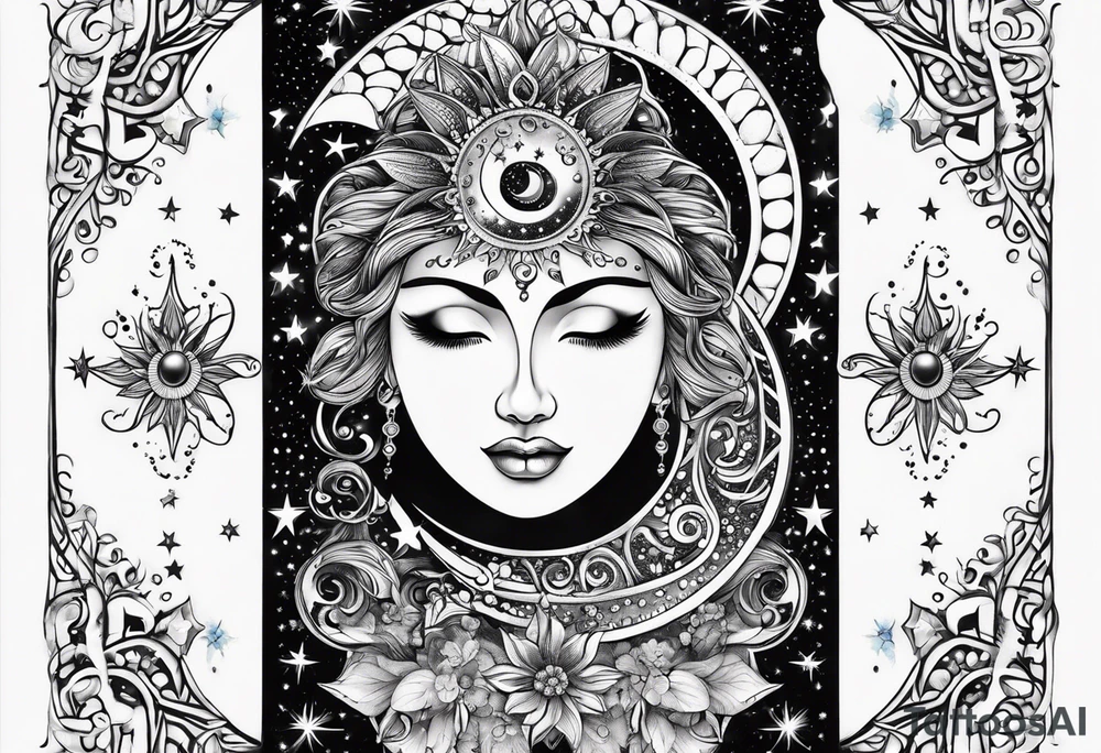 Feminine Sun and moon. long rectangular sternum swirls with dots and stars tattoo idea