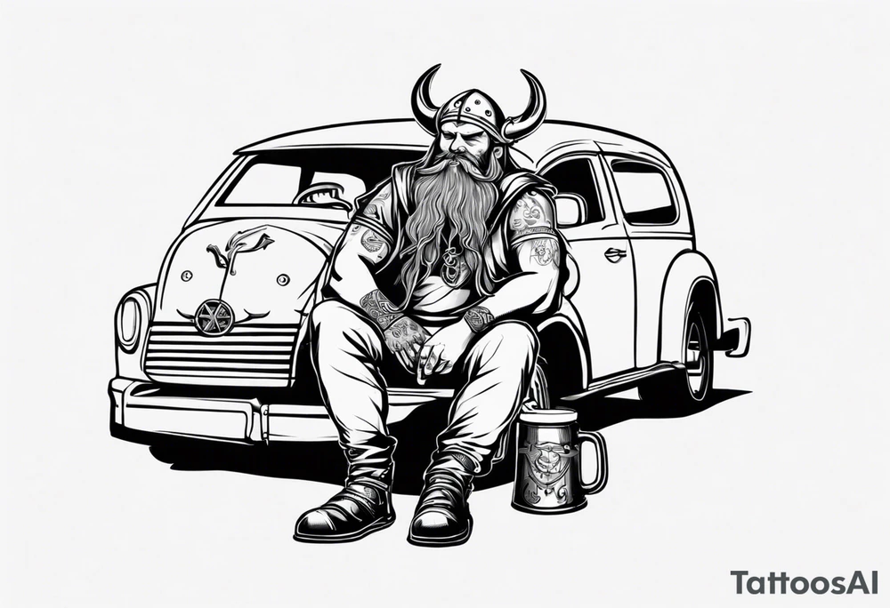 A Viking drinking a beer sitting next to a car tattoo idea