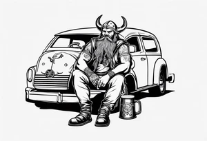 A Viking drinking a beer sitting next to a car tattoo idea