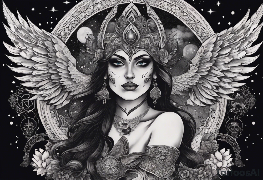 black kali, goddess pirate, alien, angel, pachamama, valkrye, warrior, flying, skull, lotus azul, wing, eagle, zenza resonance, stars, 5D, anahata chakra, death, durga, riding on a tiger, flying lady, chest tatoo tattoo idea