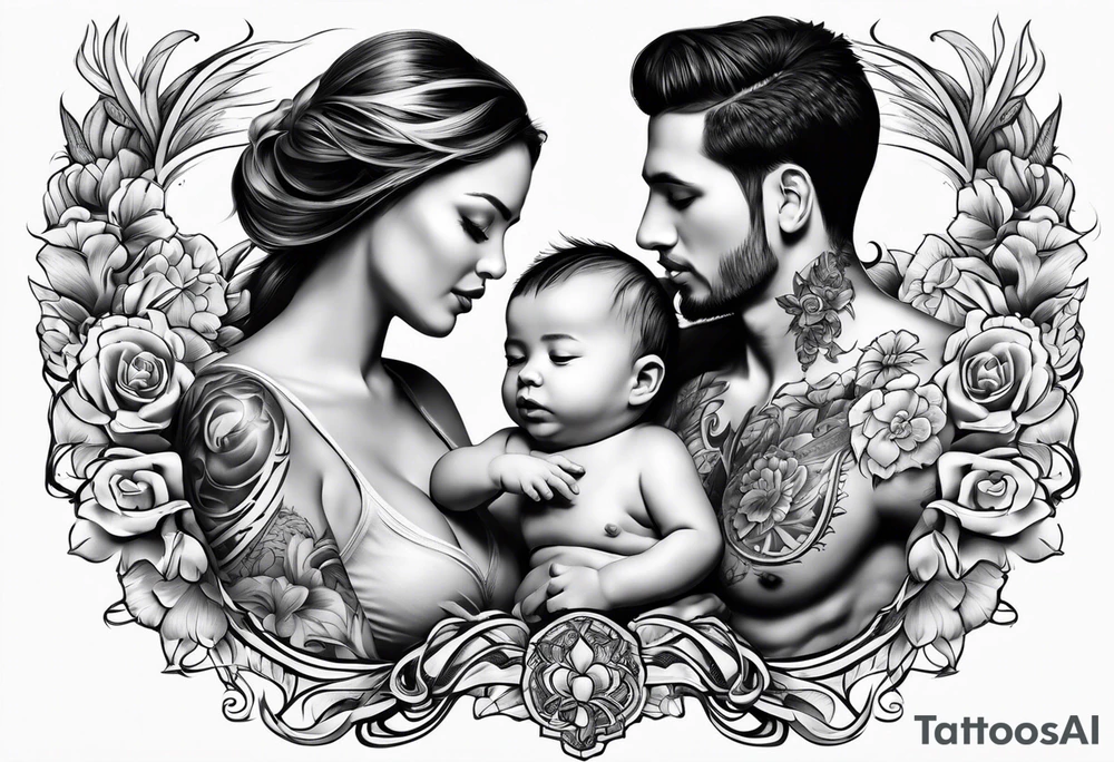 chest tattoo : 
mom and baby son tattoo idea