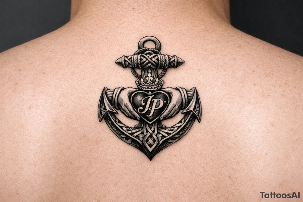celtic anchor with claddagh symbol and interlocked Jp intials in the heart of the claddagh tattoo idea