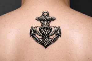 celtic anchor with claddagh symbol and interlocked Jp intials in the heart of the claddagh tattoo idea