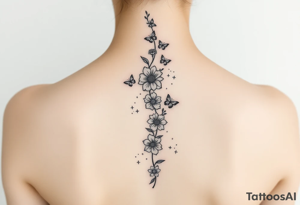 Flowers vertically down the spine surrounded by small butterflies and sparkles tattoo idea