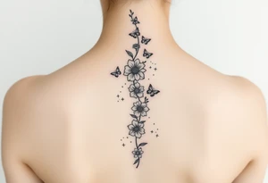 Flowers vertically down the spine surrounded by small butterflies and sparkles tattoo idea