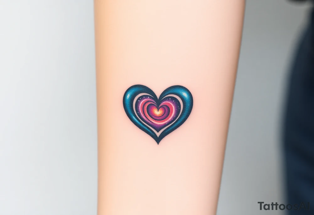 Fully depicted infinity symbol with a heart made of swirling galaxy patterns, tattoo idea