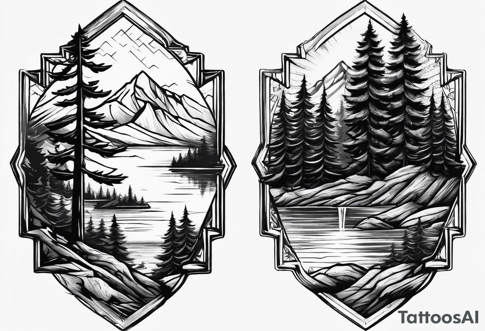 male forearm mountains and pine trees with water tattoo idea