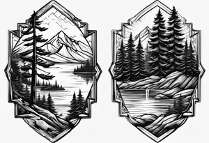male forearm mountains and pine trees with water tattoo idea