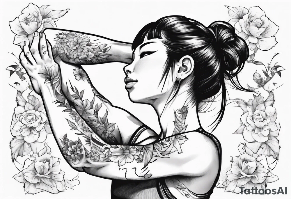 Cute girl stretching he arms above her head. She is wearing a sleeveless shirt tattoo idea