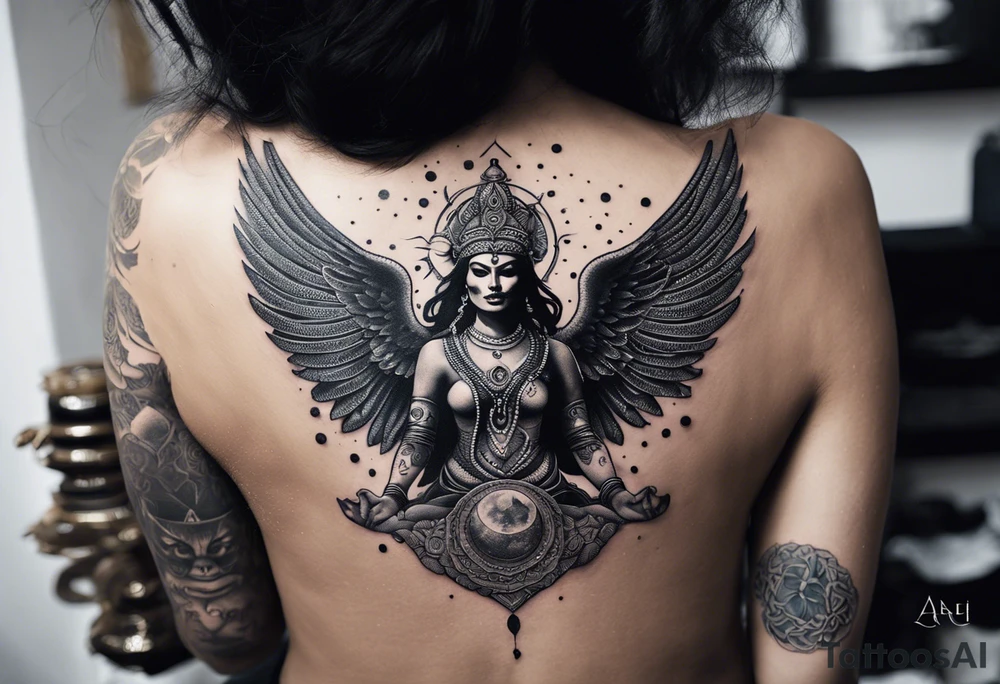 black kali, goddess pirate, alien, angel, pachamama, valkrye, warrior, flying, skull, lotus azul, wing, eagle, zenza resonance, stars, 5D, anahata chakra, death, durga, riding on a tiger, flying lady, kundalini, chest tatoo, samuri, rebel, serpent tattoo idea