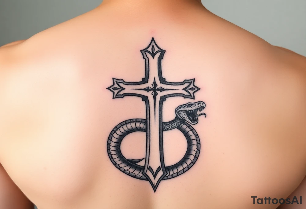 A cross slaying the snake tattoo idea