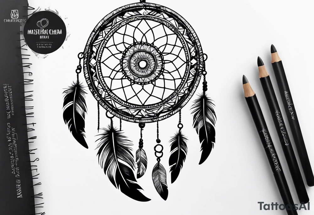 A black and white detailed dream catcher with a lot of shading tattoo idea