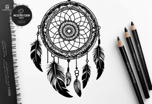 A black and white detailed dream catcher with a lot of shading tattoo idea