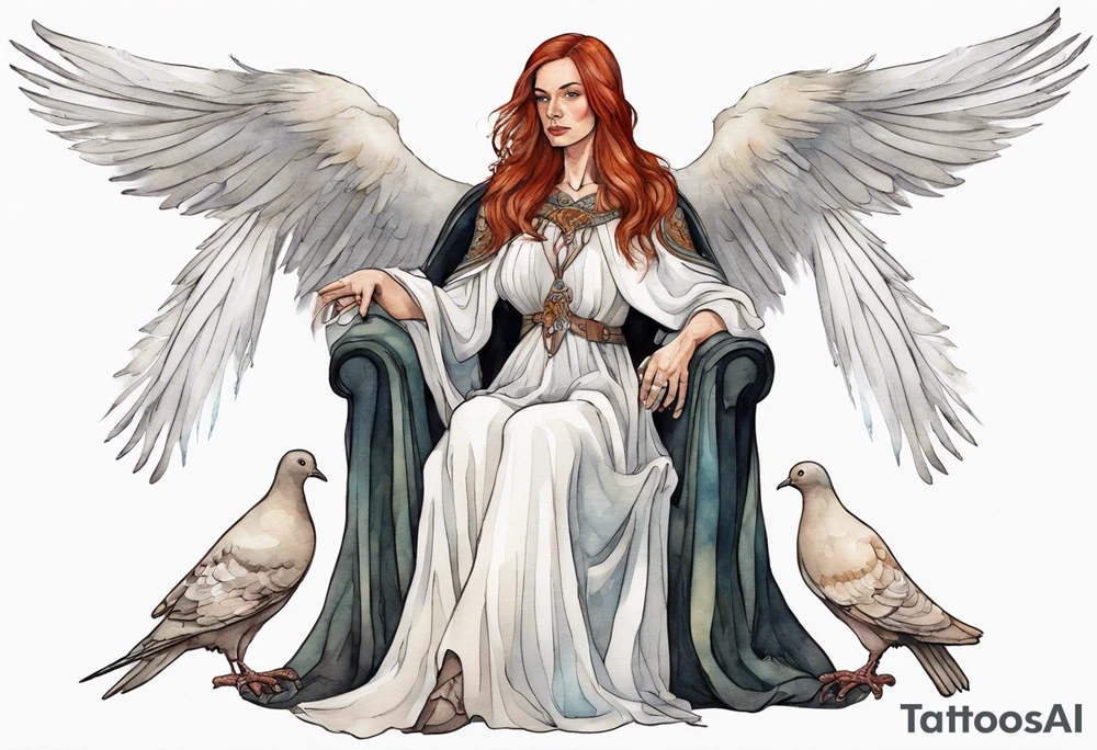 a 45-year-old medieval woman with auburn hair wearing a white feather cloak sitting on a throne with one dove on her shoulder tattoo idea