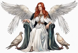a 45-year-old medieval woman with auburn hair wearing a white feather cloak sitting on a throne with one dove on her shoulder tattoo idea